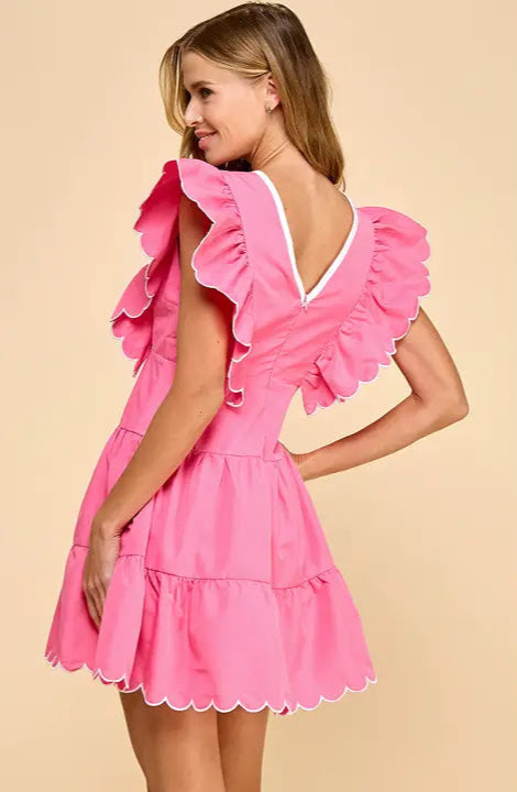 pink scalloped dress Enchanting Scallop A-Line Hollywood / M (US 4) up pads Long sleeves with scalloped cuffs Scalloped hem Mini length Faithfully Pink Scalloped Dress