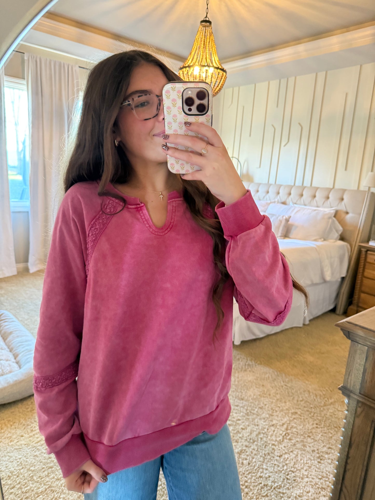 Fuscia Pink Lace Vintage Crewneck