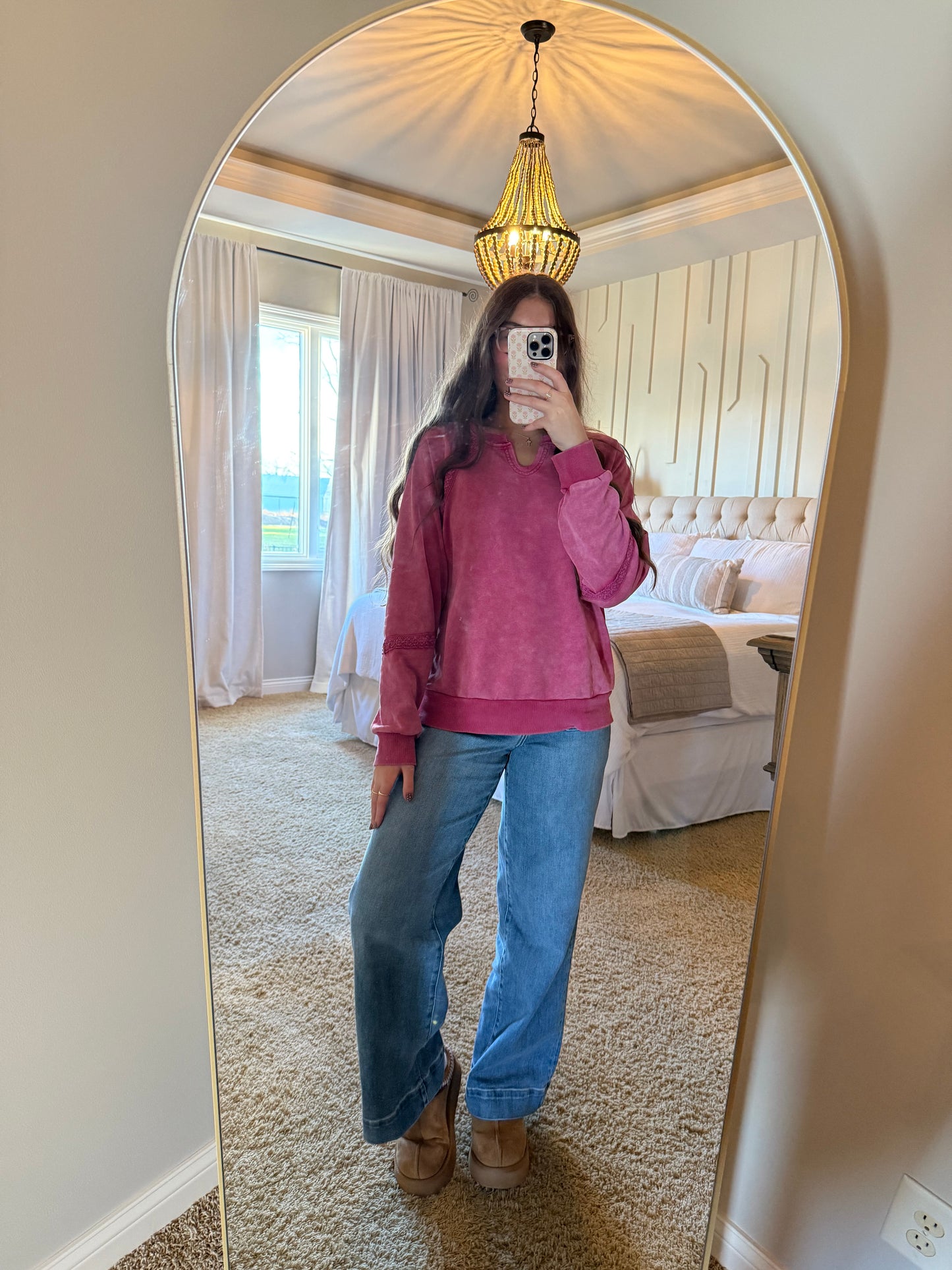 Fuscia Pink Lace Vintage Crewneck