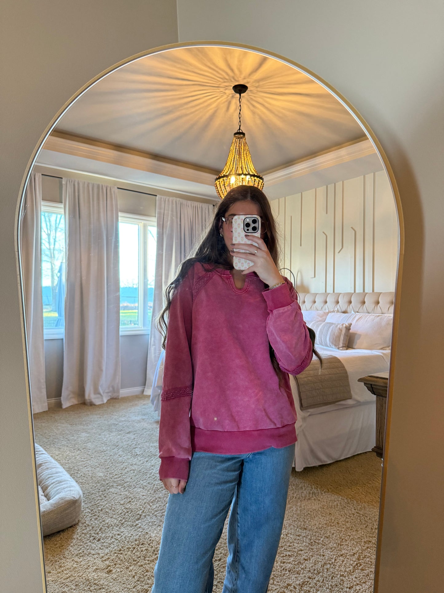 Fuscia Pink Lace Vintage Crewneck