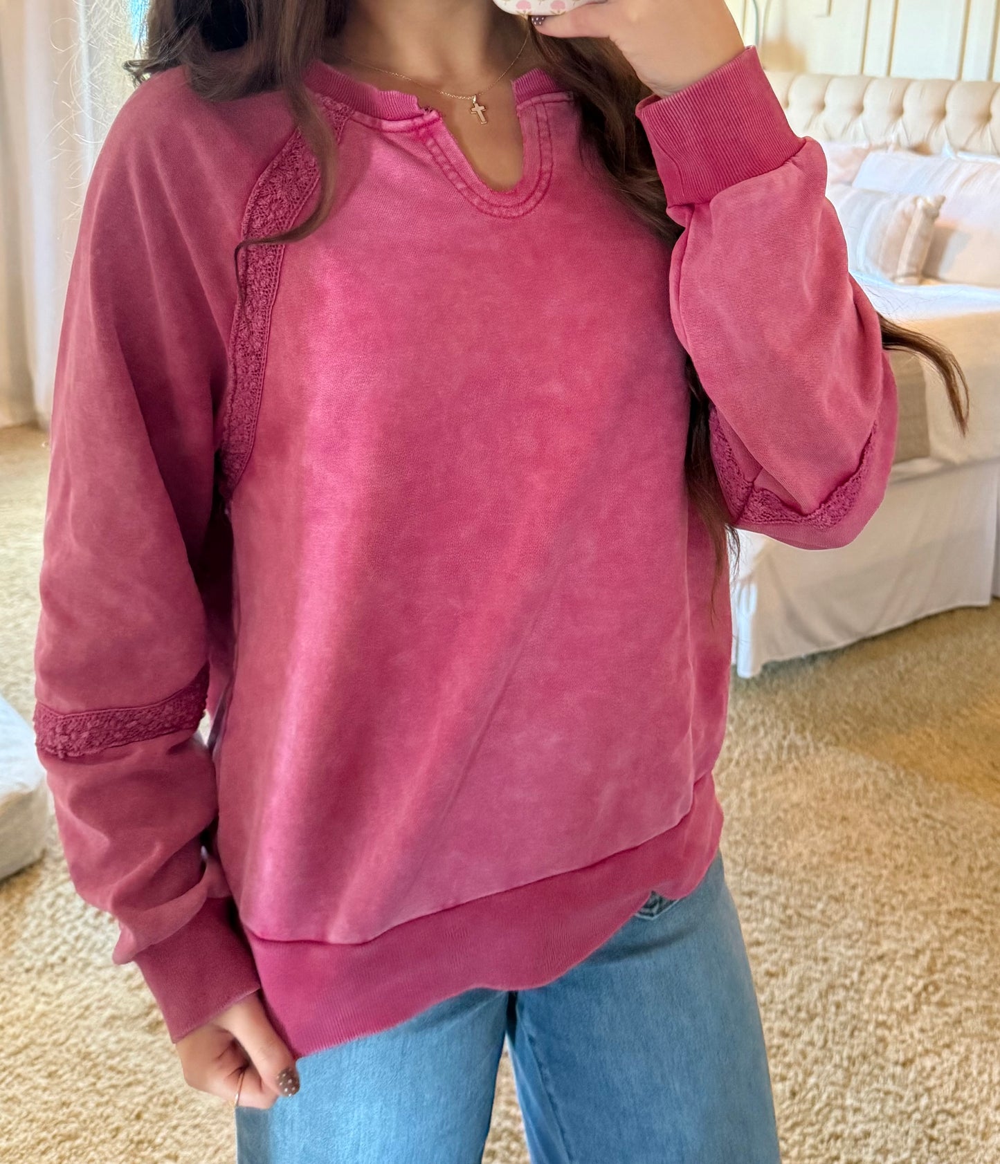 Fuscia Pink Lace Vintage Crewneck